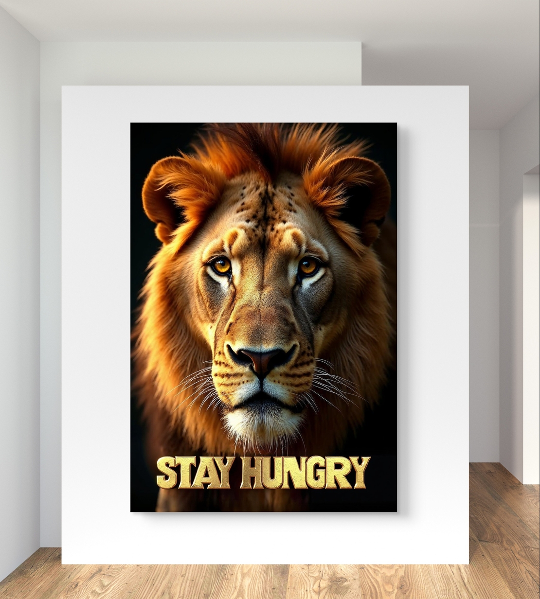 תמונת קנבס של אריה מביט קדימה עם טקסט Stay Hungry בצבע זהב, מתוך קולקציית M-X ART לעיצוב מעורר השראה