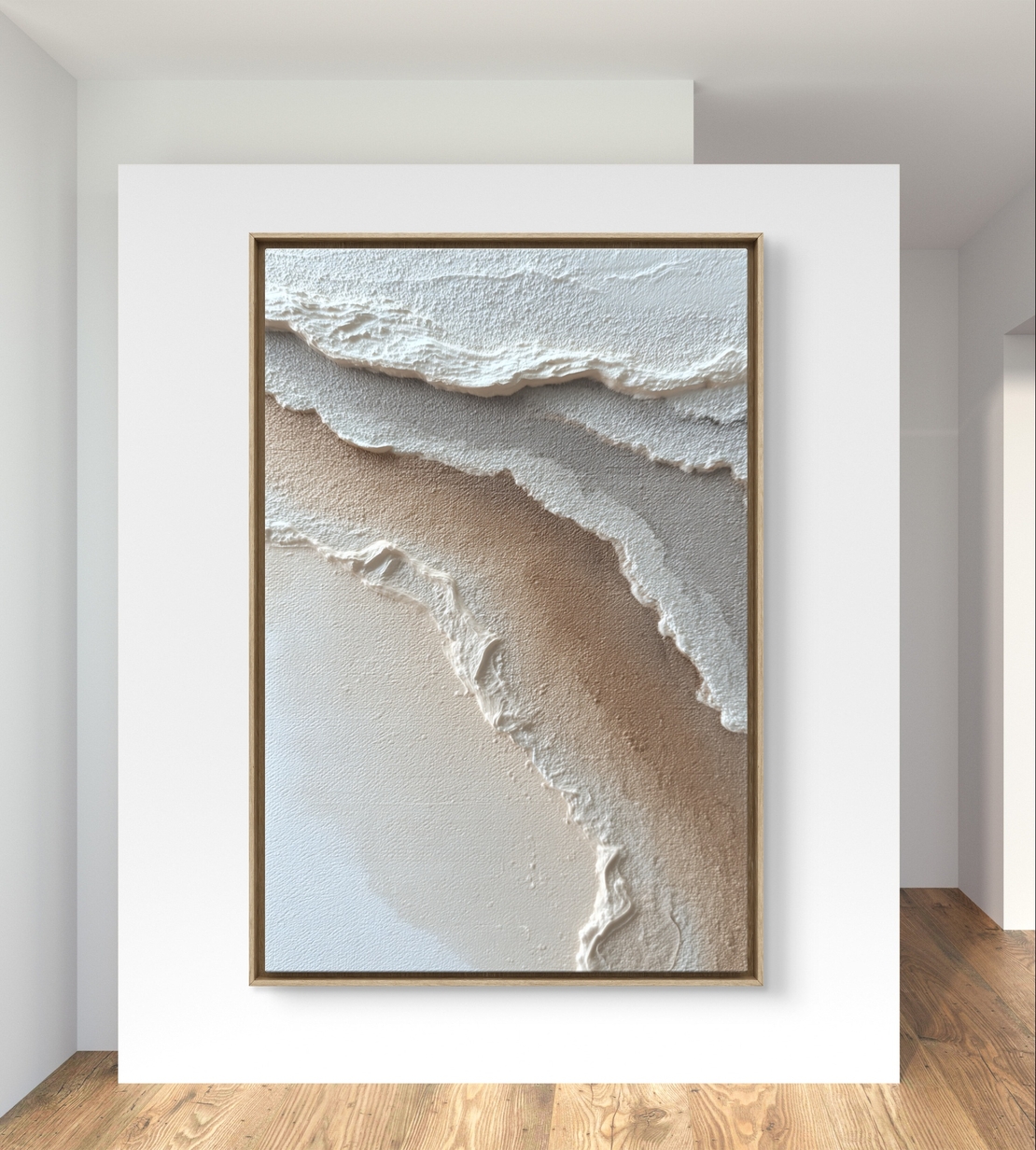 ציור קנבס מודרני אנכי בסגנון נייטרלי עם קווים אורגניים וטקסטורה רכה