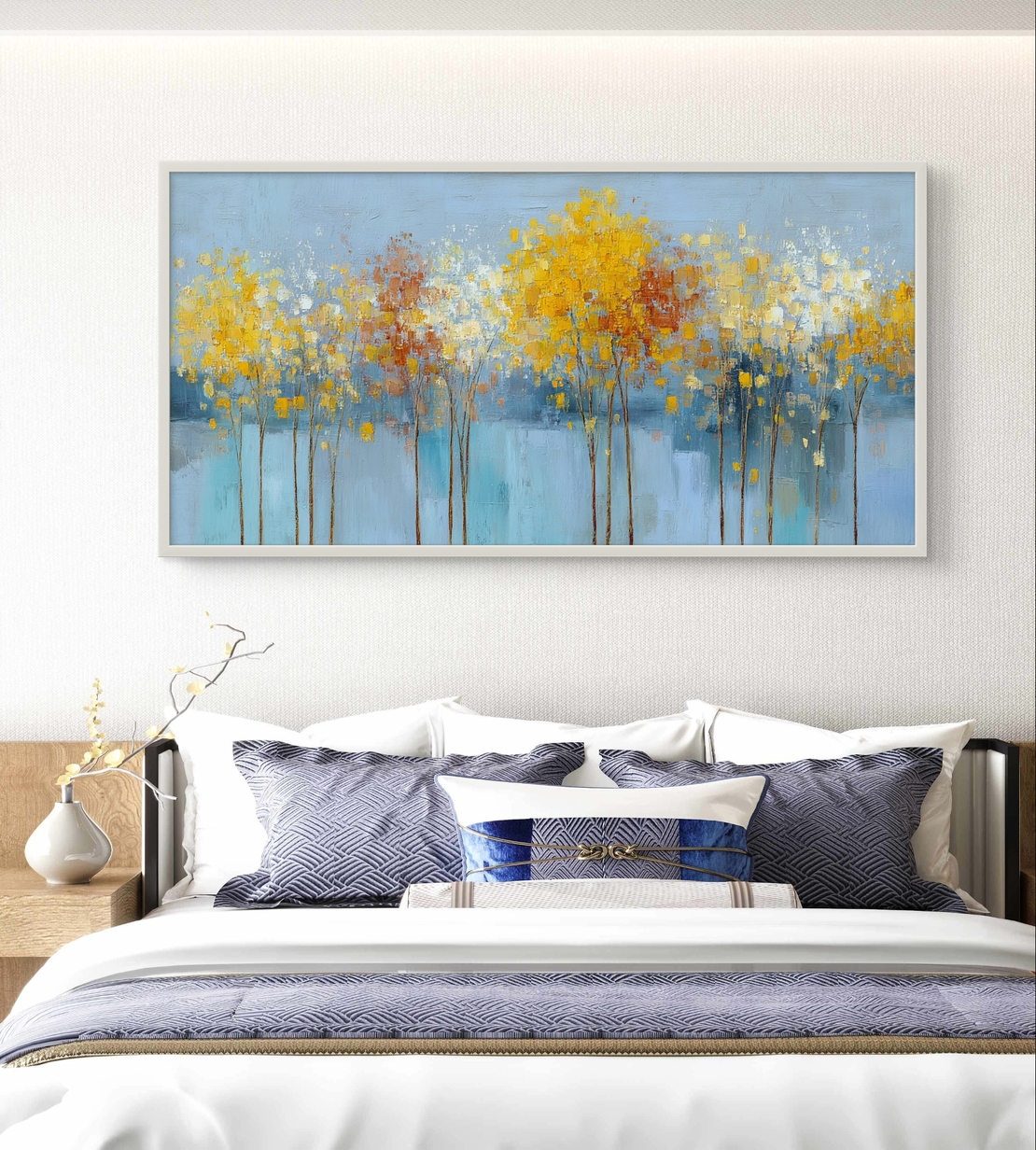 תמונת קיר רגועה לסלון עם עצים דקים ואווירה אוורירית בצבעי תכלת וזהב