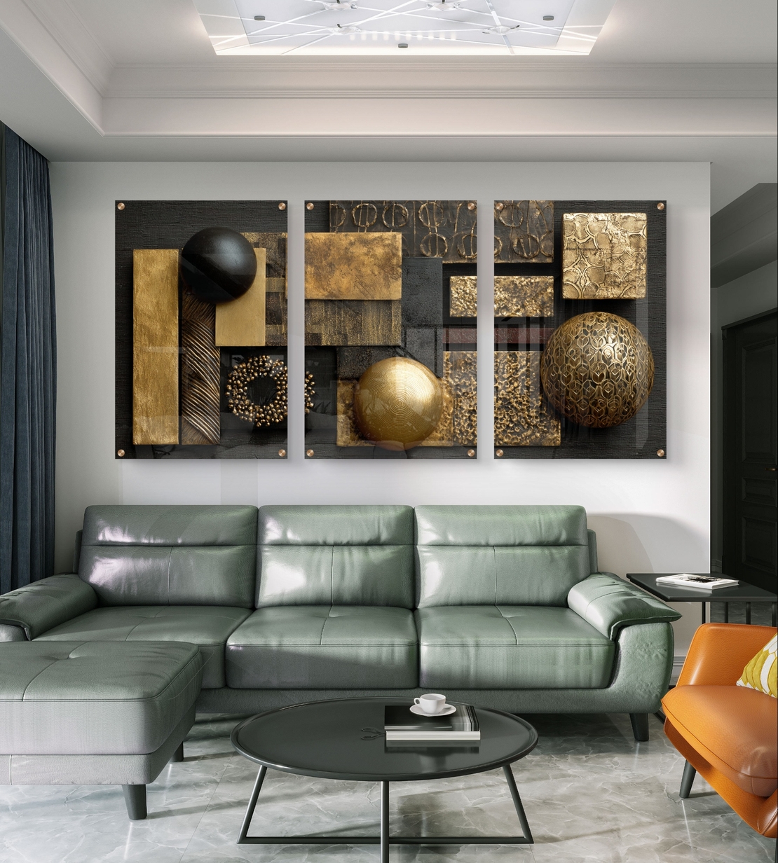 תמונת זכוכית שלשה בעיצוב גאומטרי בגווני שחור וזהב – קולקציית תכשיט לבית