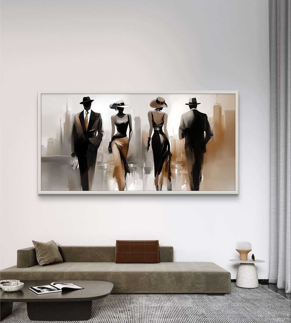 תמונת קנבס לרוחב עם דמויות אופנתיות בגווני שחור ובז׳ בסגנון עירוני אלגנטי, בהדפסה חלקה לעיצוב מודרני ויוקרתי.