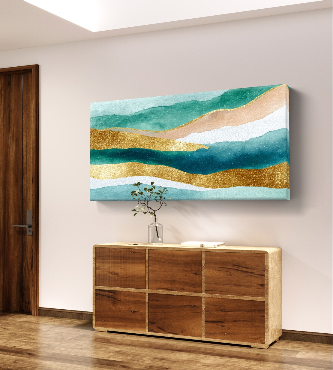 תמונת קנבס אבסטרקט טורקיז וזהב לרוחב – גלי אקוורל יוקרתיים | CJ6531
