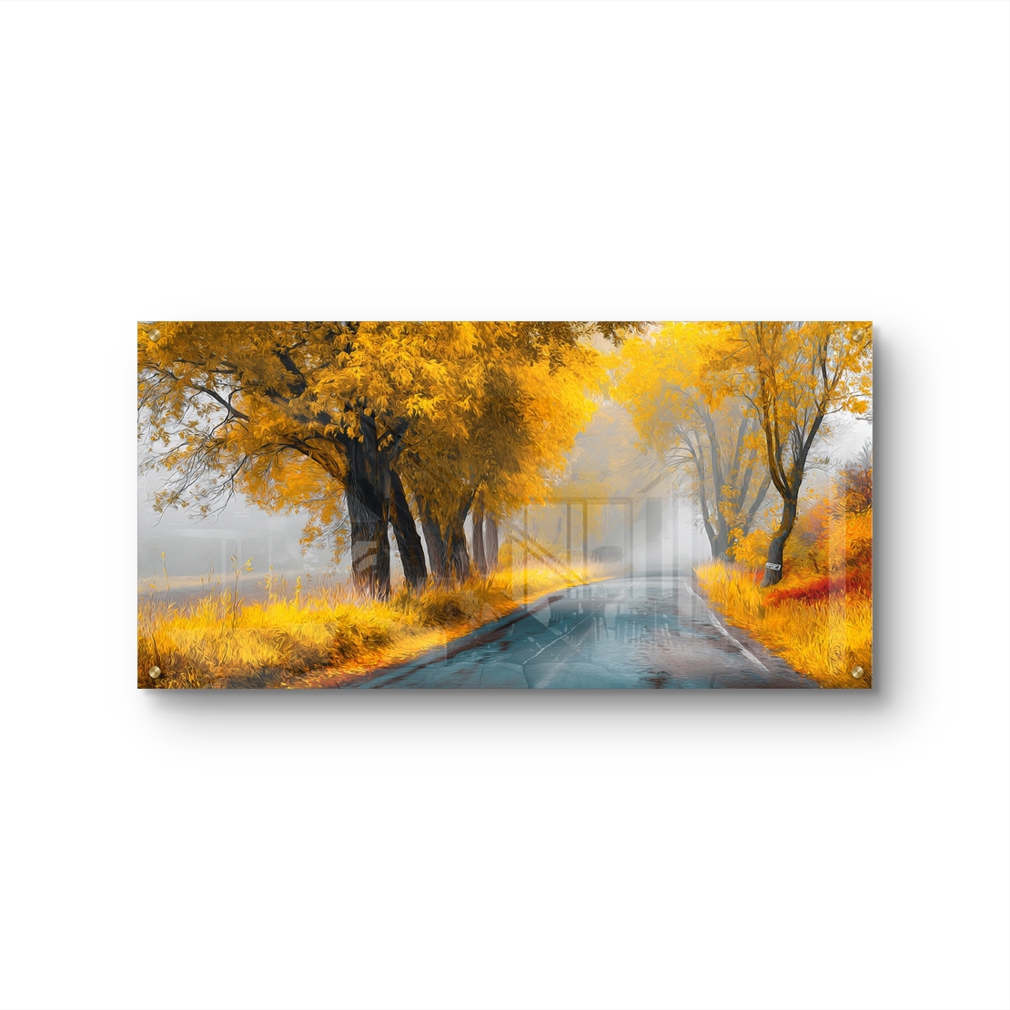 תמונת זכוכית של שביל בין עצים זהובים בערפל עדין – תכשיט לבית