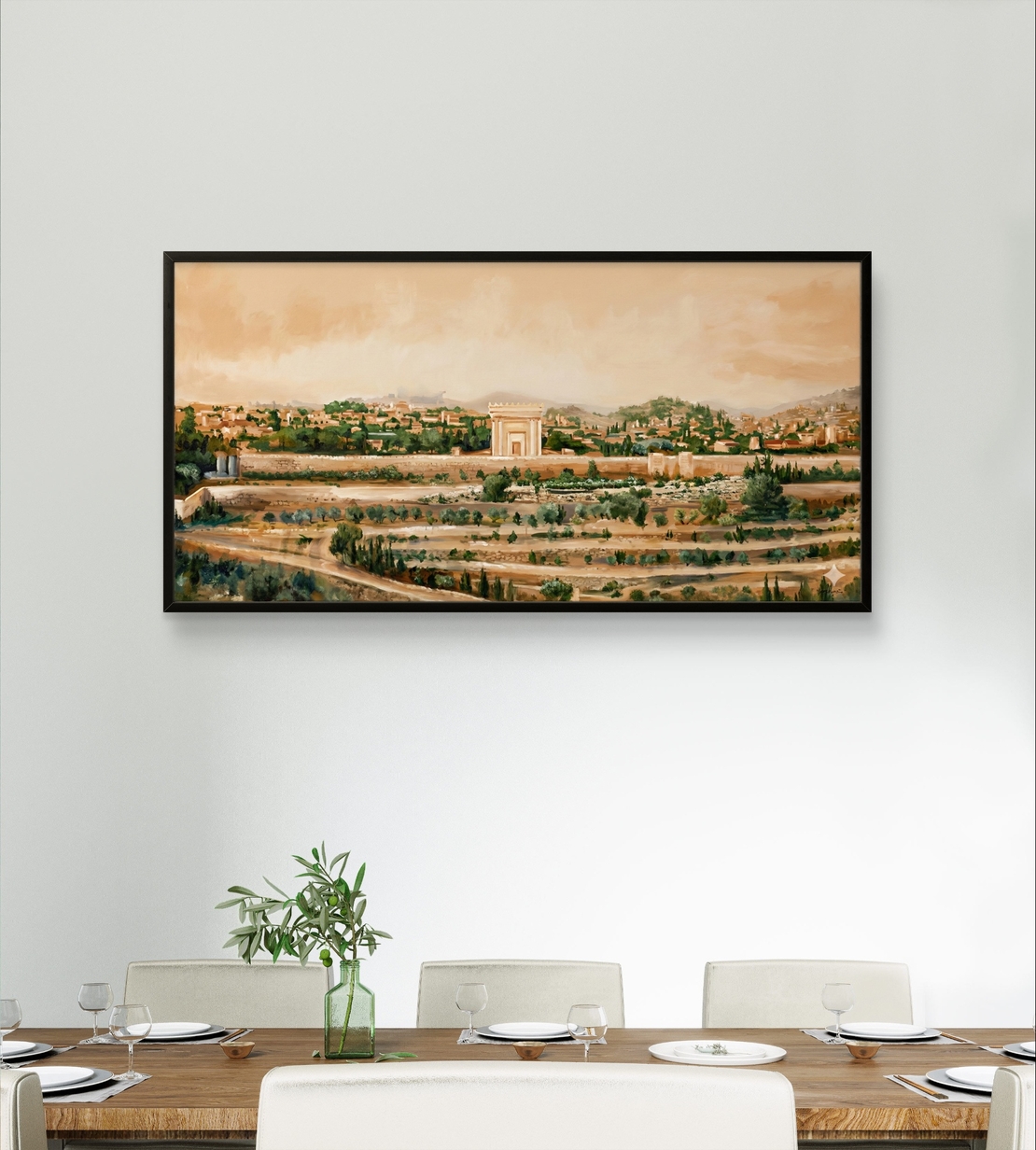 תמונת קנבס לרוחב עם נוף ירושלים ושער סמלי בגווני זהב וטבע, הדפסה חלקה מבית תכשיט לבית