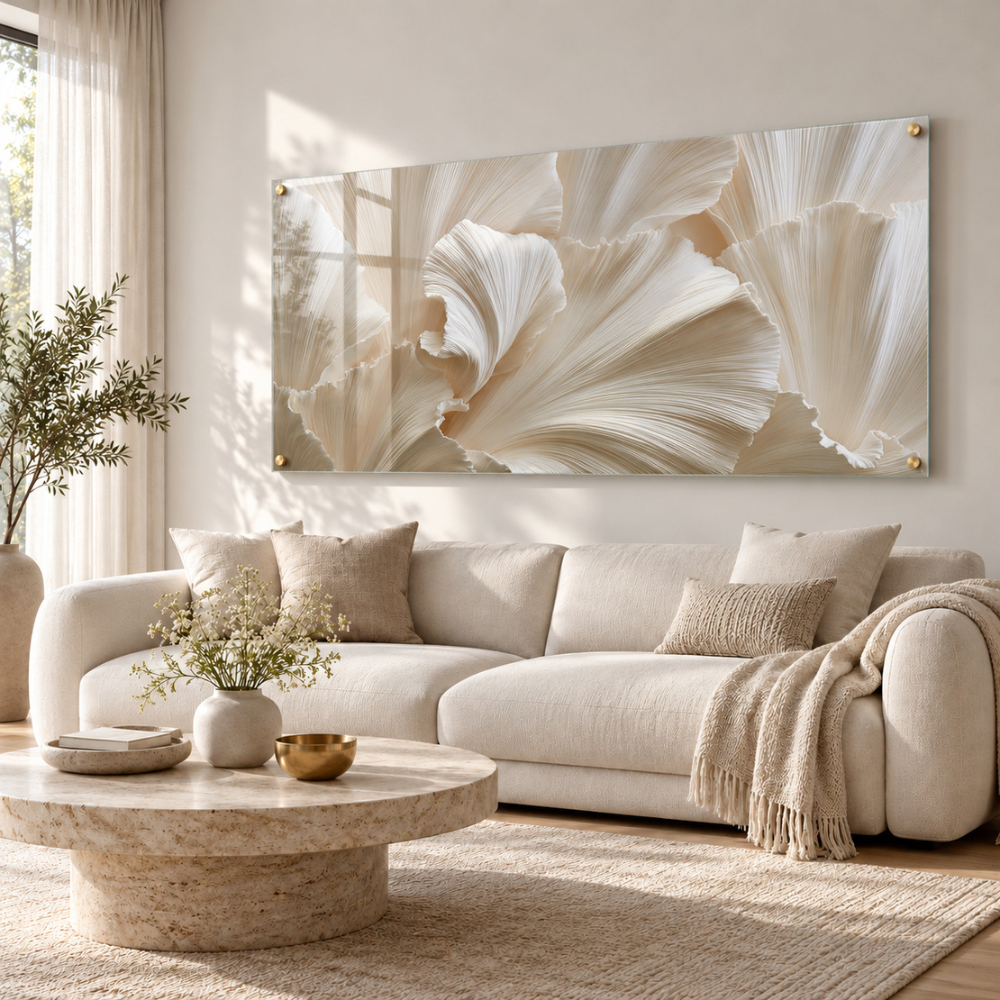 תמונת זכוכית עלי כותרת מופשטים בשמנת | דגם SG1621
