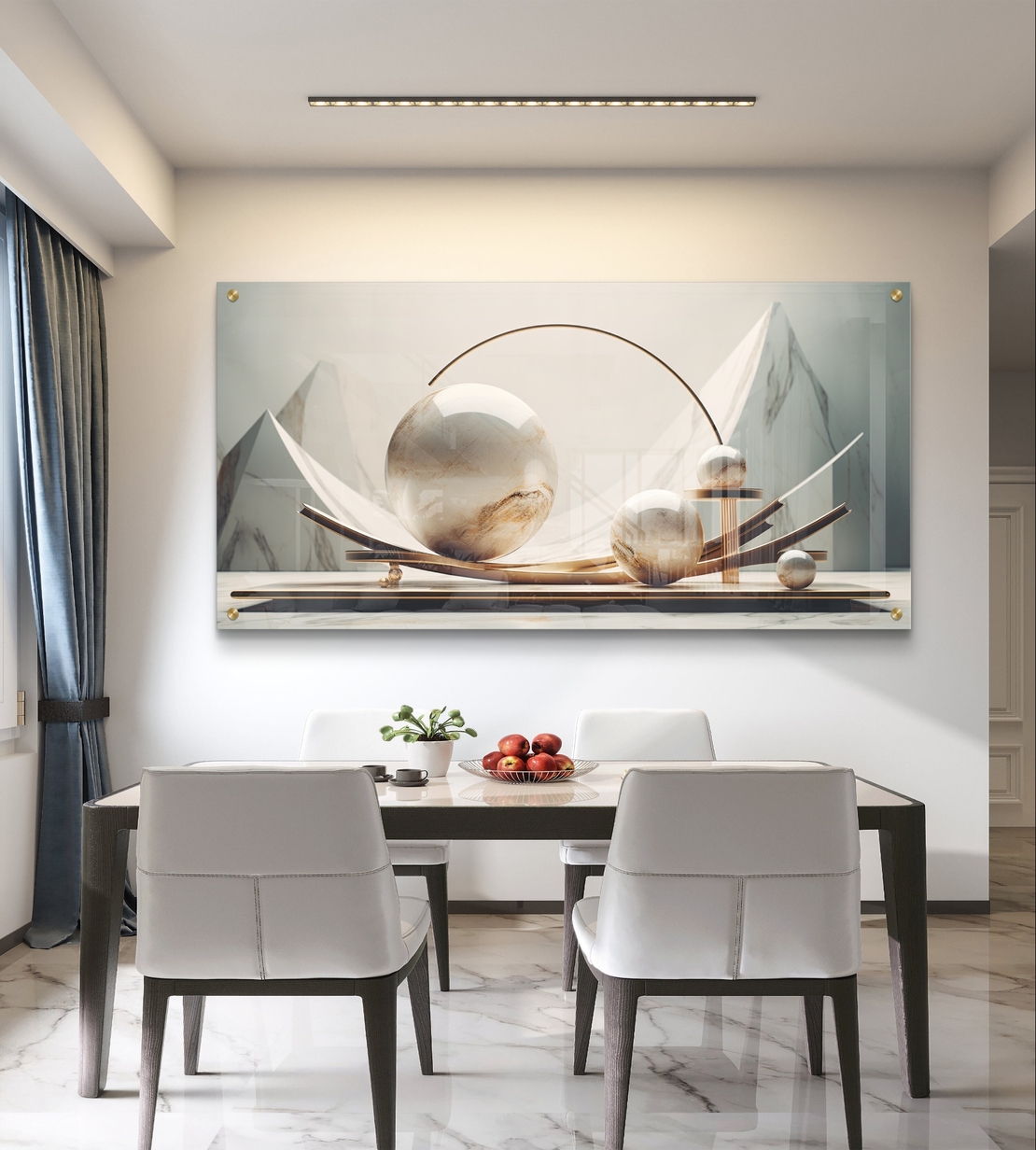 שיווי משקל שיש – תמונת זכוכית יוקרתית עם כדורי שיש ועיצוב גיאומטרי | GP1393