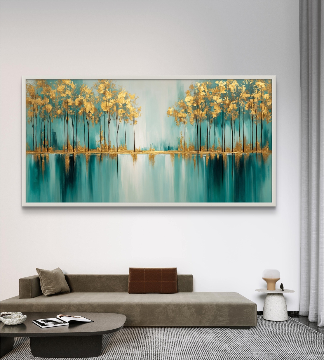 אגם זהב – תמונת קנבס עצים מוזהבים מעל השתקפות טורקיז רגועה | CK7122