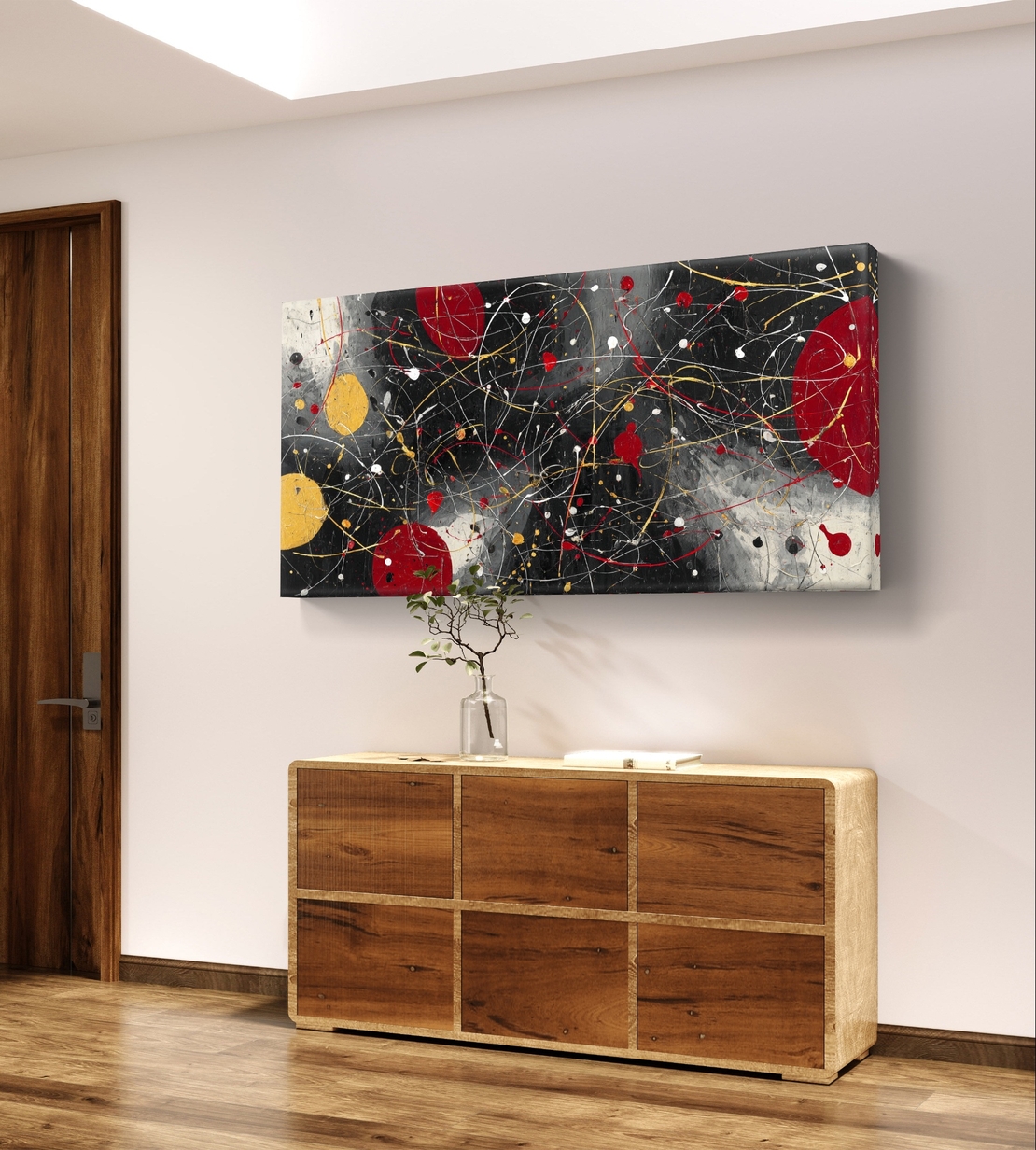 תמונת קנבס אבסטרקטית לרוחב בגווני שחור, אדום וצהוב עם קווים דינמיים ונגיעות זהב