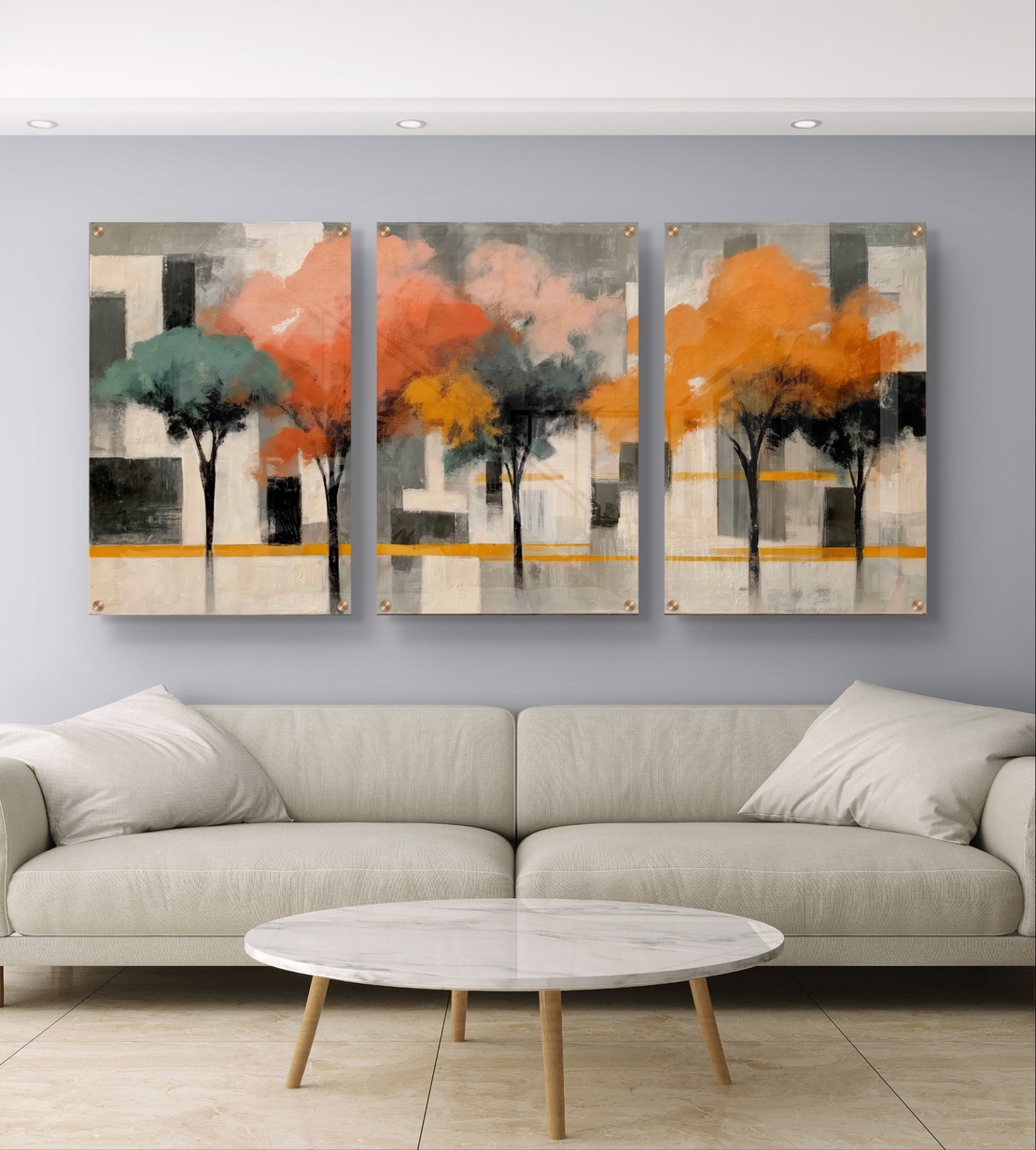 שלשת תמונות זכוכית עצים אבסטרקטיים בגווני כתום, אפרסק וטורקיז – דגם GG5473