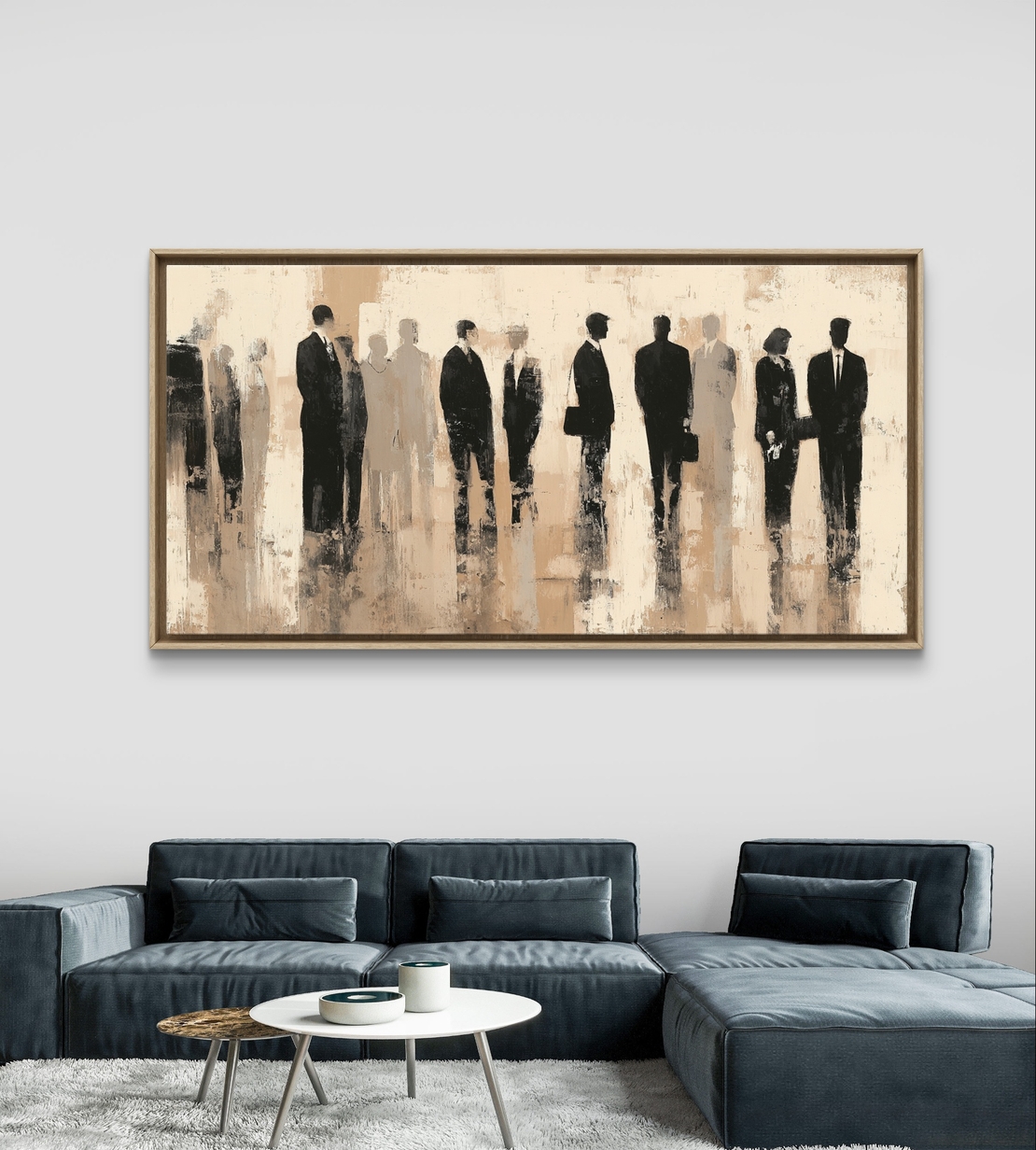 תמונת קנבס של דמויות מופשטות בגווני שחור ובז' בהדפסה חלקה ללא תבליט, מקולקציית תכשיט לבית.