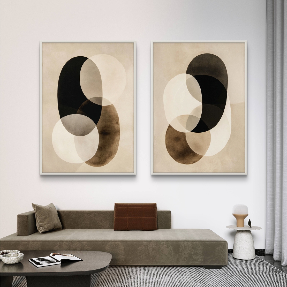 זוג תמונות קנבס אבסטרקטיות בגווני שמנת, שחור וקפה – דגם DA2221