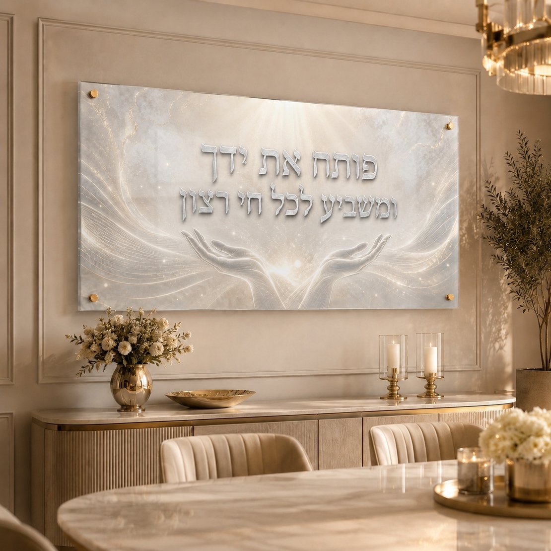 אור השפע הבהיר – תמונת זכוכית לרוחב פותח את ידך לסלון | RG4061