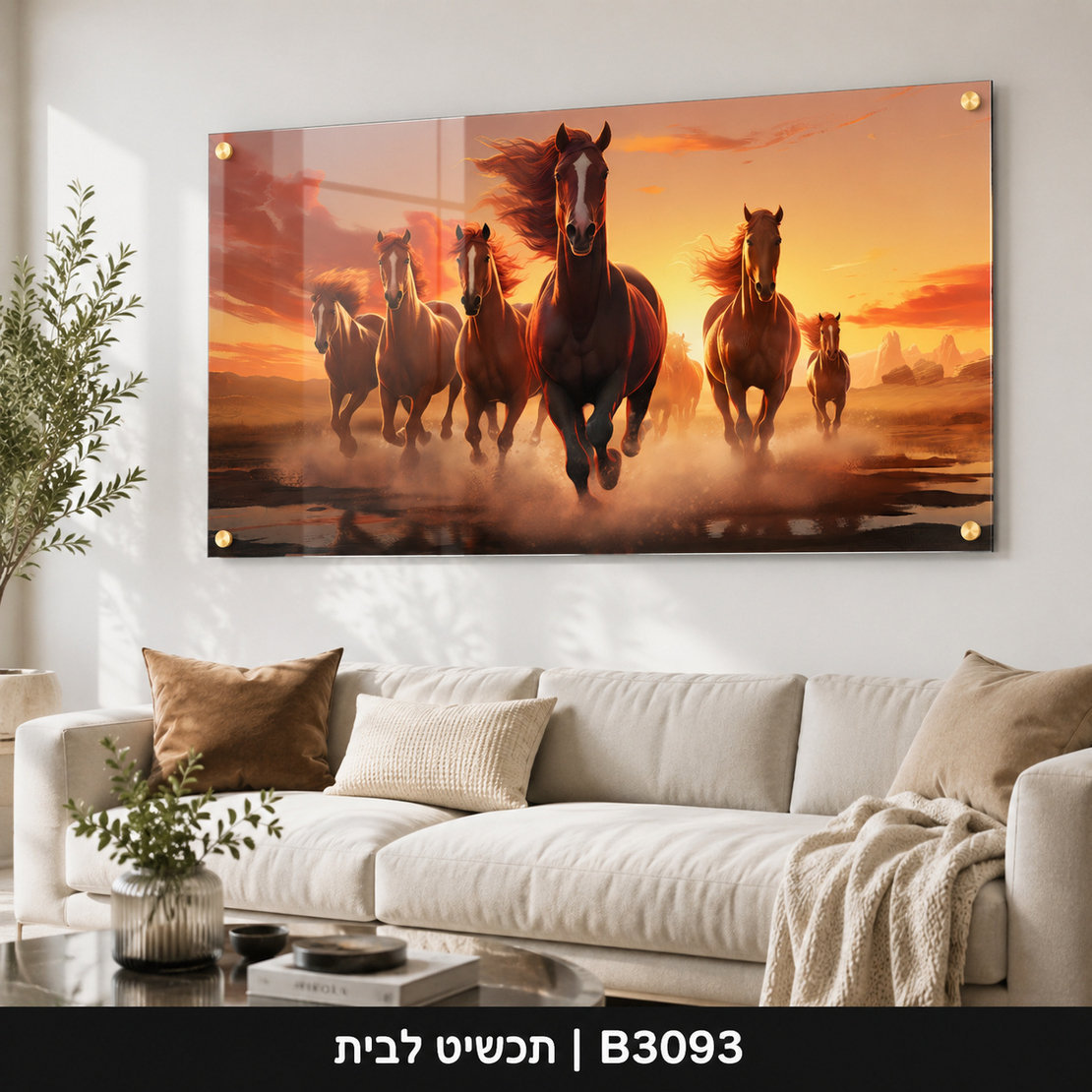 דהרת החופש בשקיעה – תמונת זכוכית לרוחב עם סוסים לסלון | B3093
