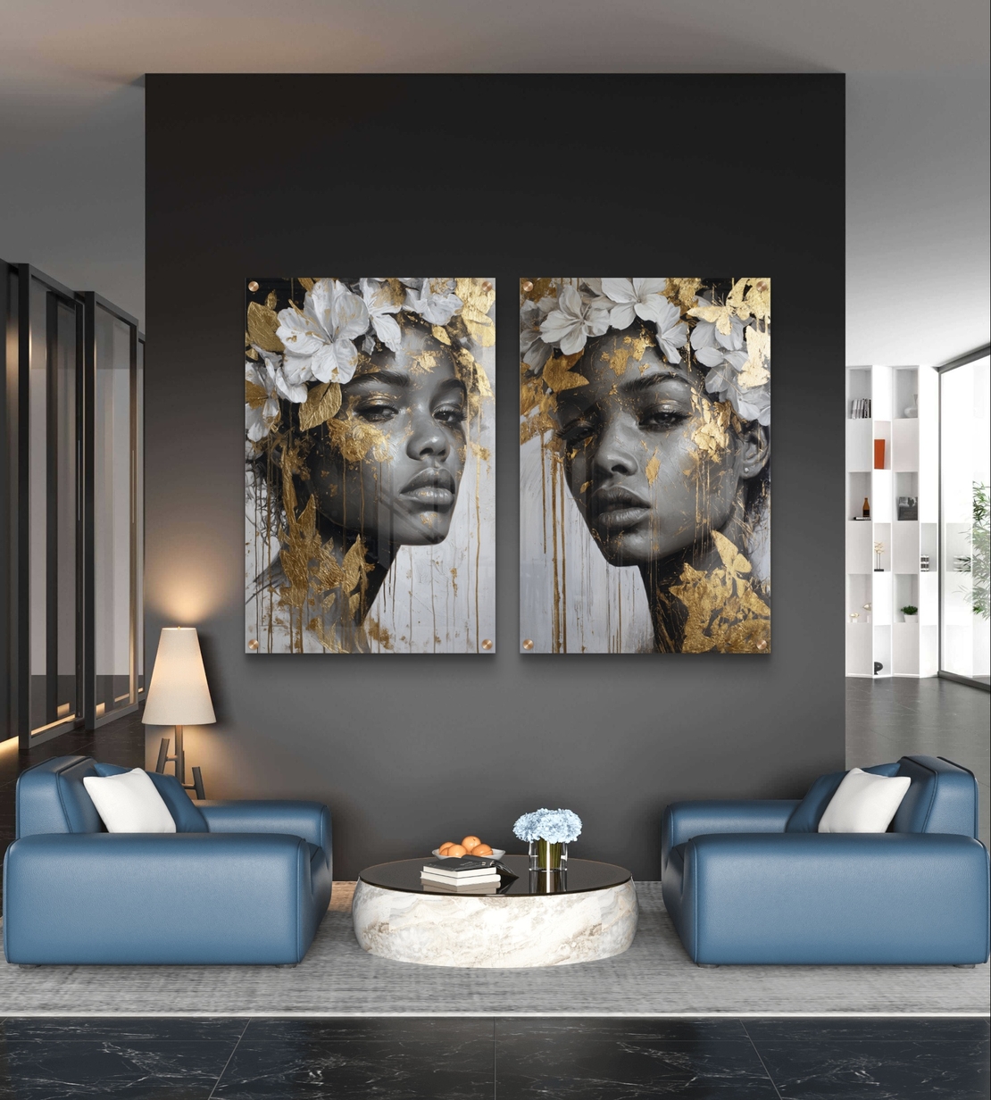 סט תמונות זכוכית זוגי עם פורטרט נשי אבסטרקטי בגווני שחור לבן ונגיעות זהב