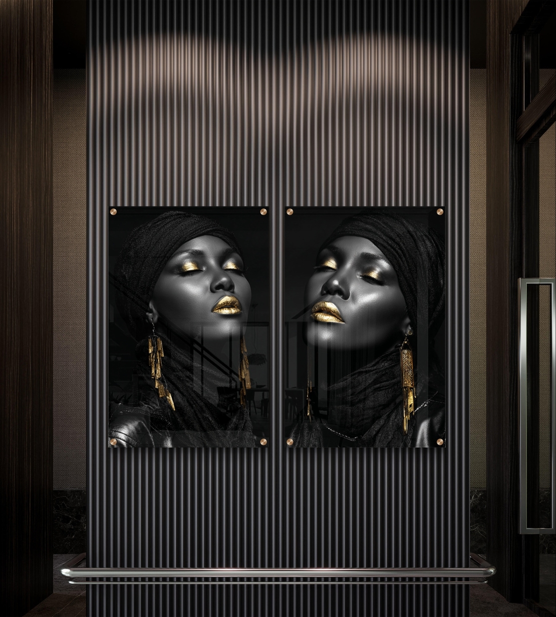 זוג תמונות זכוכית בפורטרט נשי בשחור וזהב עם הדפסה חלקה ויוקרתית