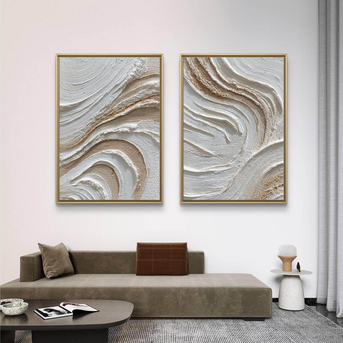 זוג תמונות קנבס גלים טקסטורליים בגווני שמנת ובז׳ – דגם TL8554