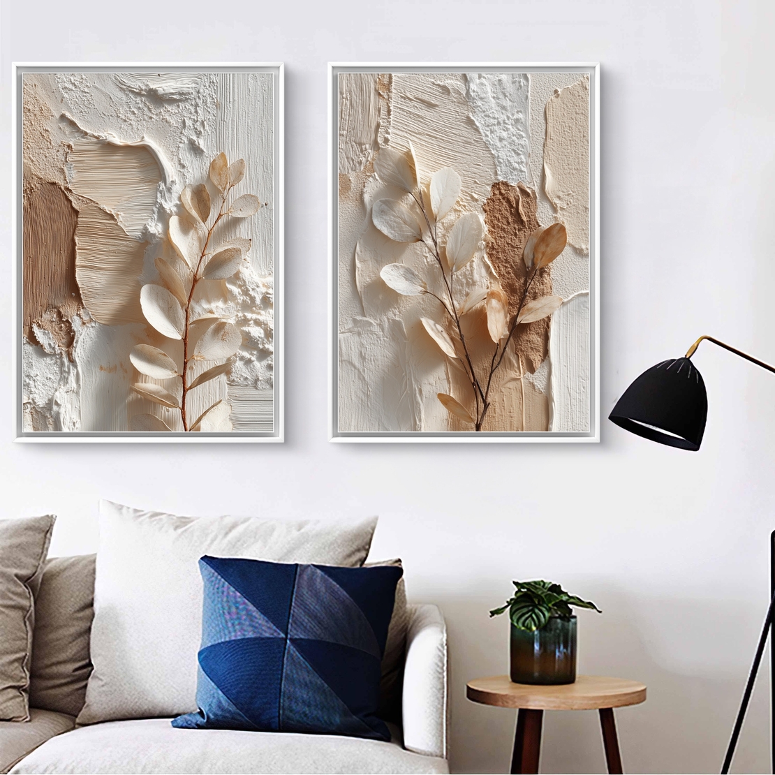 סט קנבס מודרני עם אלמנטים בוטניים בגוונים חמים