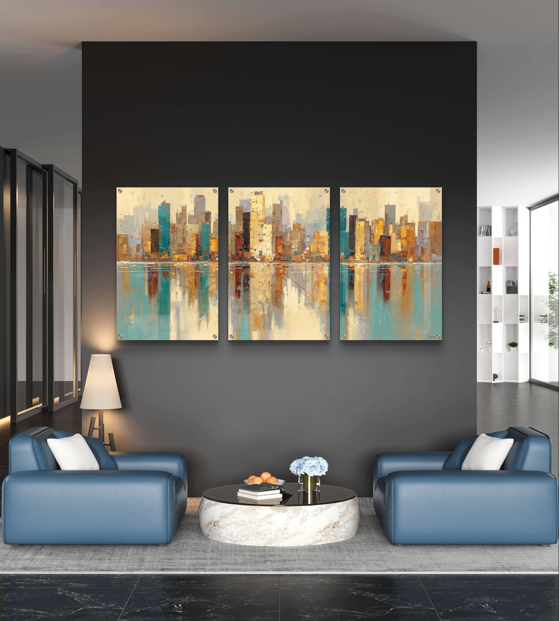 תמונת זכוכית שלישייה עם נוף עירוני אבסטרקטי והשתקפות מים בגווני זהב ותכלת, בעיצוב מודרני ויוקרתי