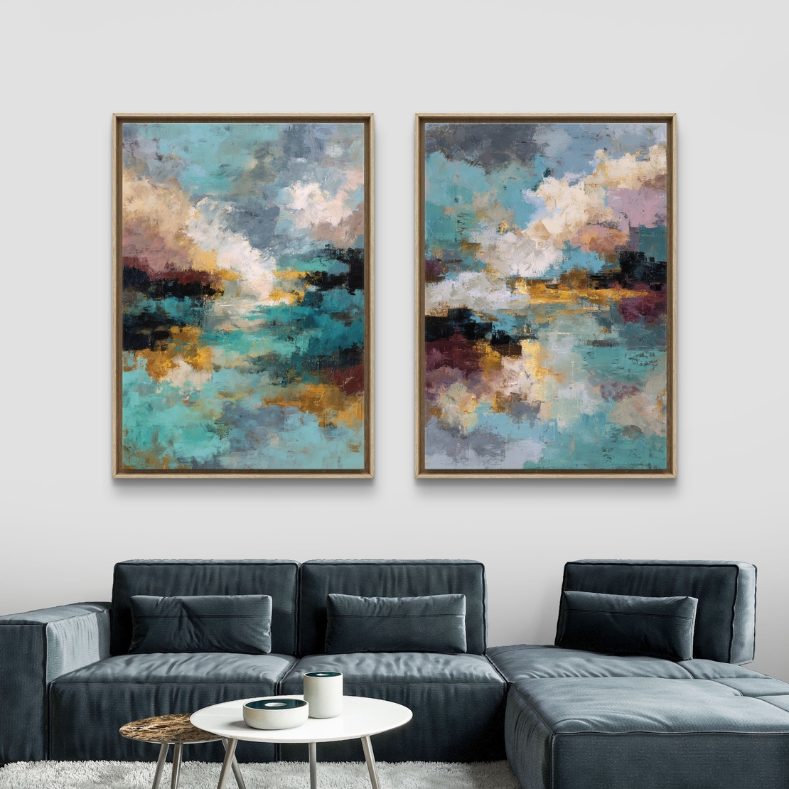 זוג תמונות קנבס מופשטות בגווני טורקיז, זהב ואפור, בהדפסה חלקה ואיכותית, מסדרת NEXTGEN של תכשיט לבית.