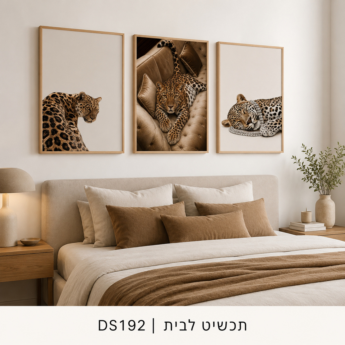 אלגנטיות פראית בגווני חול – שלישיית תמונות קנבס נמרים לסלון | DS192