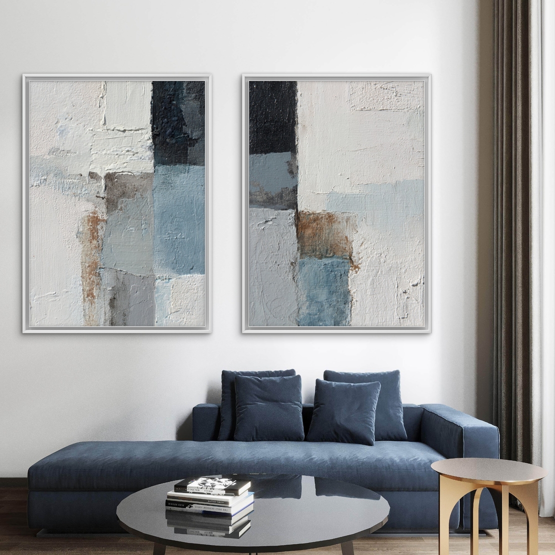 זוג תמונות קנבס מופשטות בצבעי תכלת, לבן ואפור בהדפסה חלקה – עיצוב מודרני לקיר
