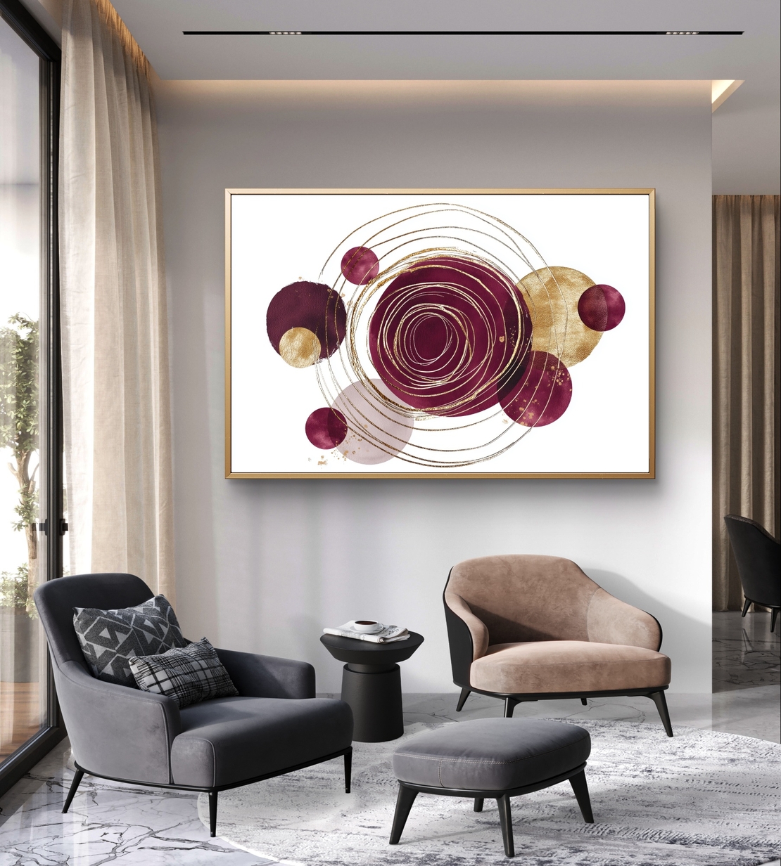 מעגלים גיאומטריים בבורדו וזהב – תמונת קנבס אבסטרקטית מודרנית | CP4522