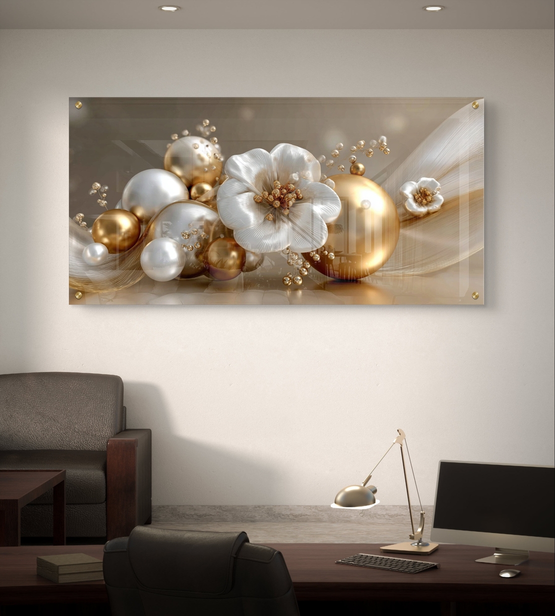 פרחי פנינה וזהב על זכוכית – תמונת זכוכית אלגנטית בגווני שמנת וזהב | GX4173