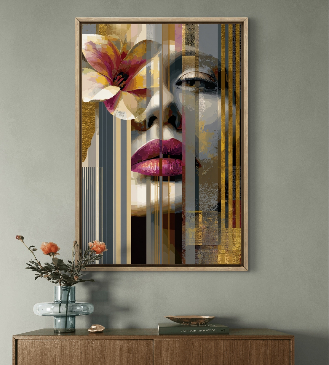 דיוקן נשי עם פרח וצבעי זהב – תמונת קנבס מודרנית יוקרתית | DX5114
