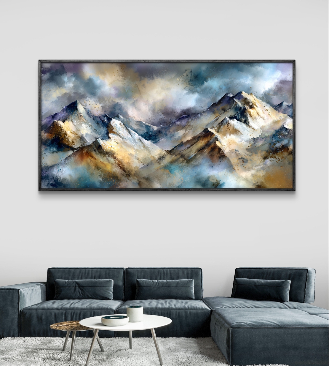 תמונת קנבס נוף הרים אמנותי בגווני כחול זהב ואפור – תכשיט לבית