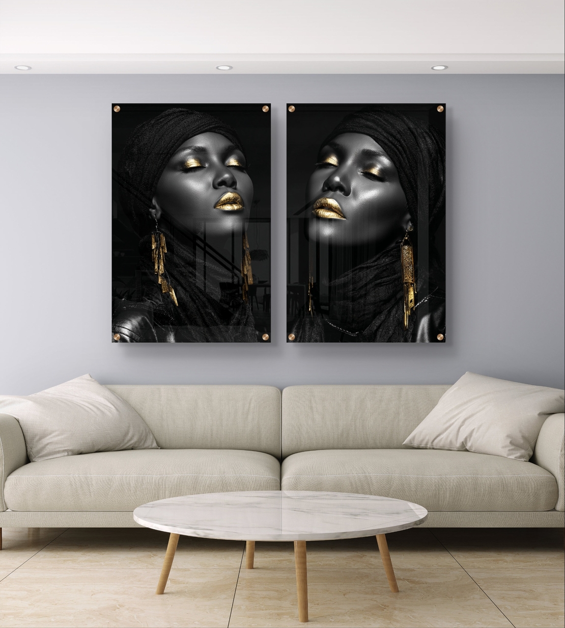 זוג תמונות זכוכית בפורטרט נשי בשחור וזהב עם הדפסה חלקה ויוקרתית