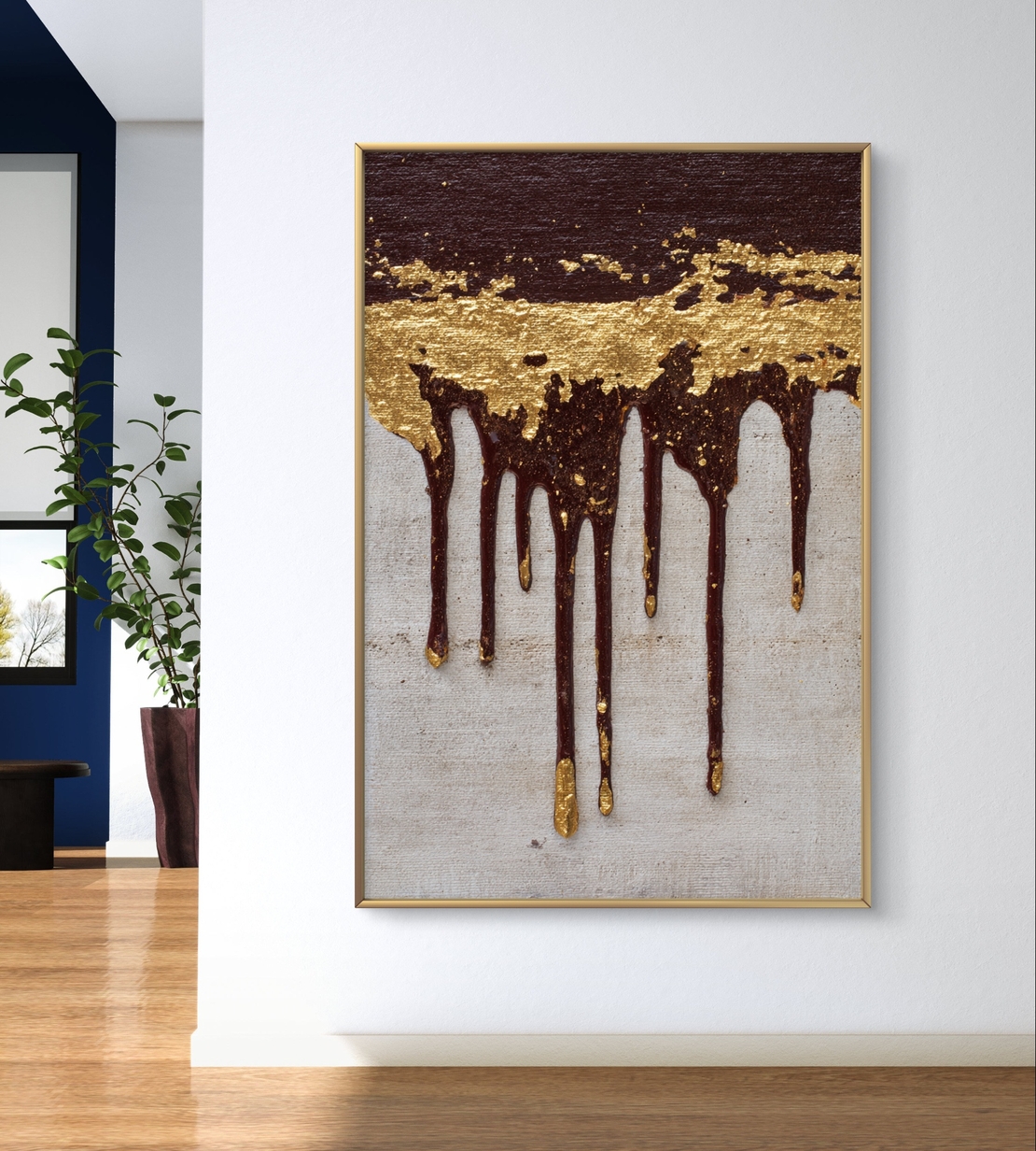 תמונת קנבס מופשטת בגווני זהב ויין כהה עם אפקט טיפות בהדפסה חלקה ללא תבליט – תכשיט לבית