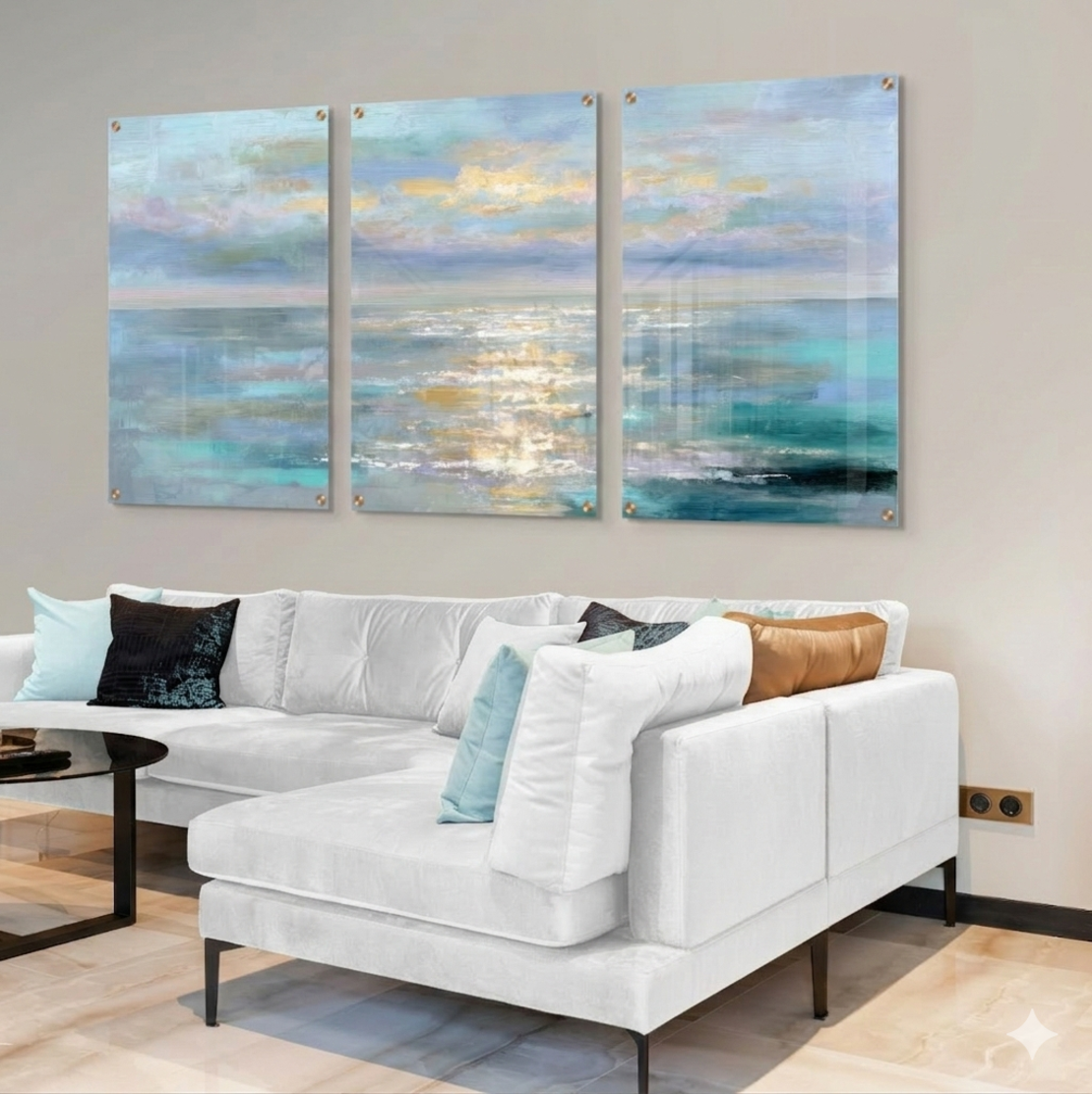 תמונת זכוכית שלושה חלקים בעיצוב נוף ים