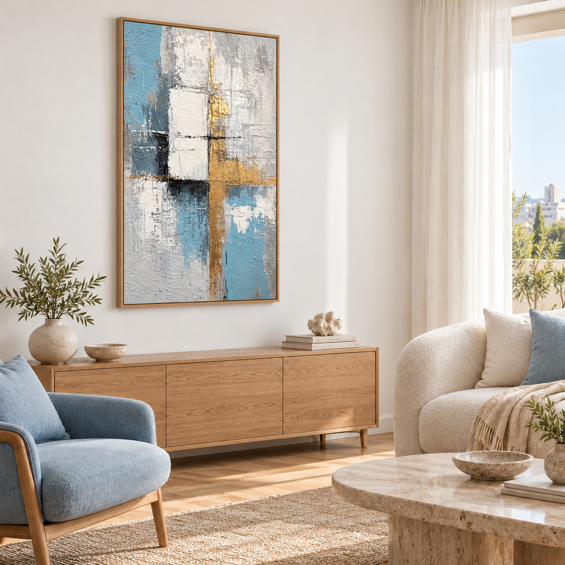 קנבס פרימיום מופשט בכחול, אפור וזהב | Art Touch | דגם PR5801