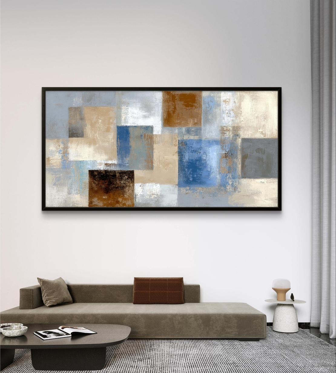 תמונת קנבס לסלון אבסטרקט גיאומטרי בגווני כחול, שמנת, אפור וקרמל, פורמט רוחבי