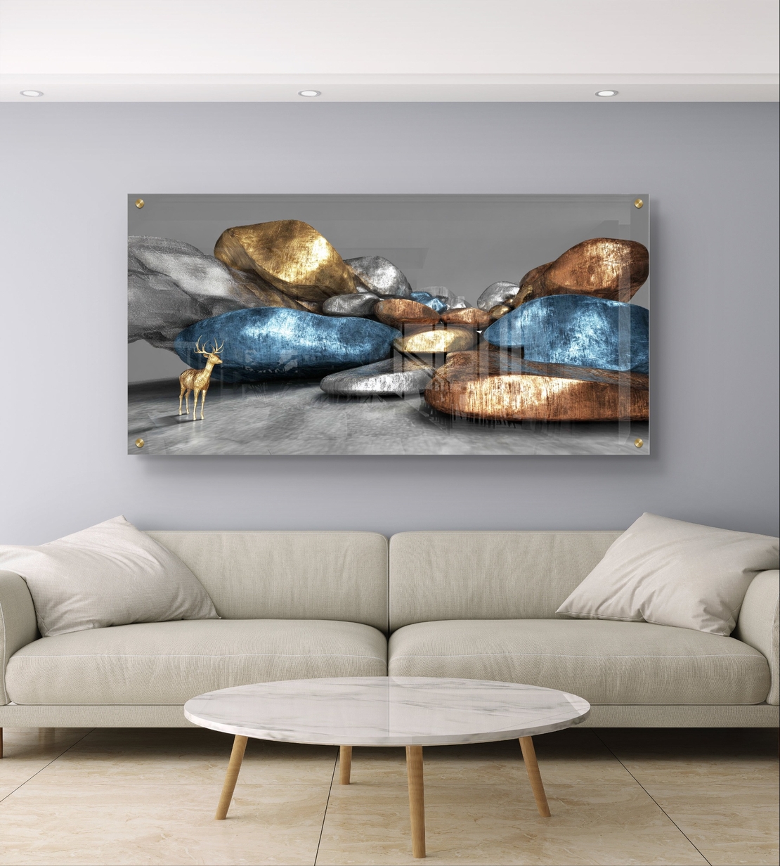 תמונת זכוכית לרוחב עם אבנים בגווני זהב וכחול ודמות אייל בעיצוב אבסטרקטי יוקרתי