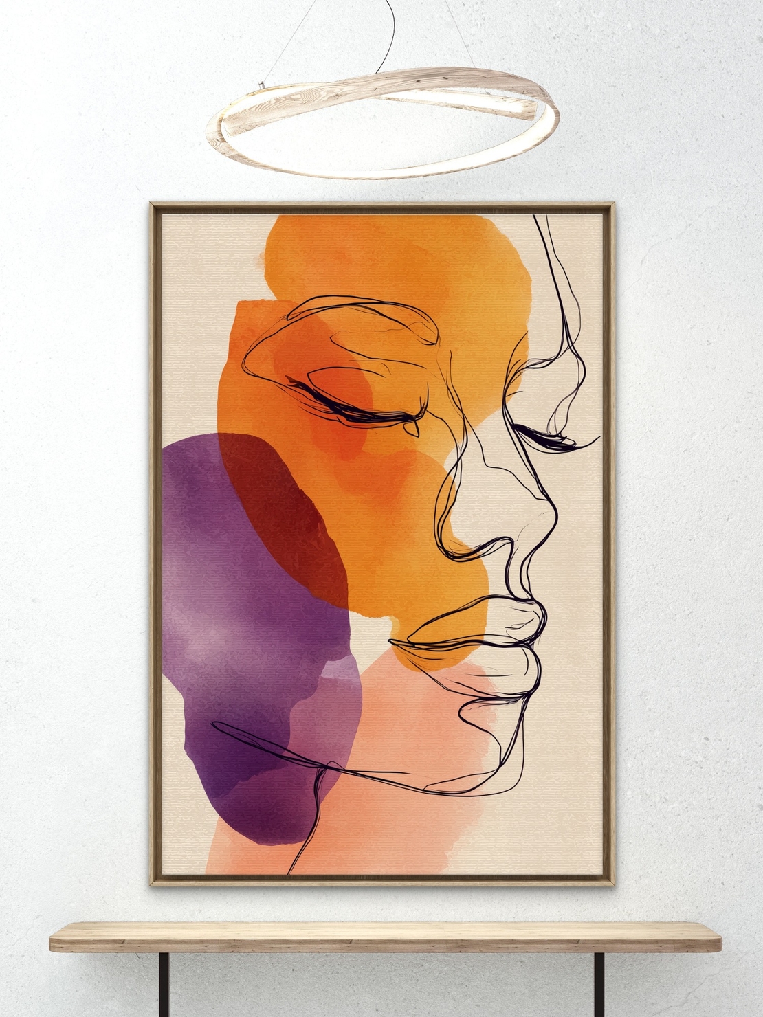 תמונת קנבס של דמות נשית בסגנון קווי עם כתמי צבע בגווני כתום וסגול – NEXTGEN BY BAR