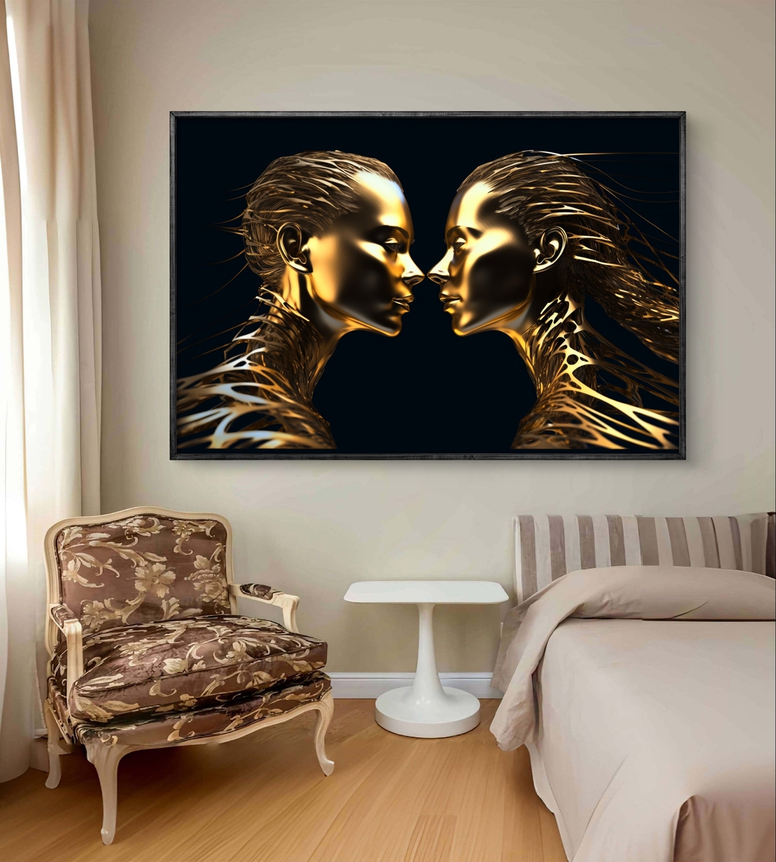 תמונת קנבס לרוחב עם שתי דמויות זהובות סימטריות על רקע שחור בעיצוב מודרני ויוקרתי