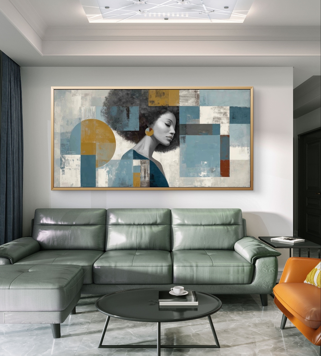 תמונת קנבס של דיוקן אישה עם רקע גיאומטרי בגווני כחול וזהב