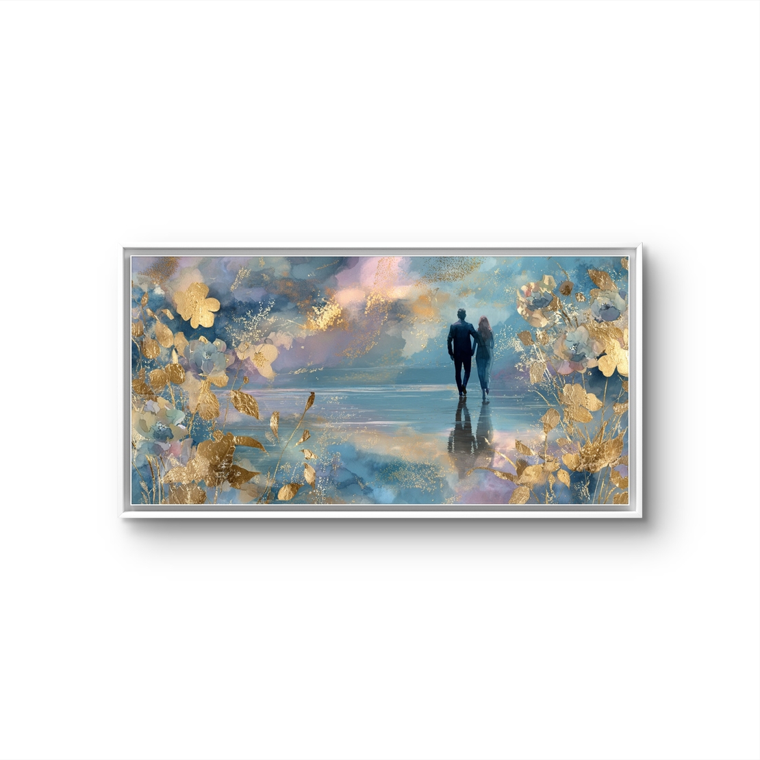 ציור זוג אמנותי בגווני כחול, סגול וזהב עם אווירה רכה ואלגנטית