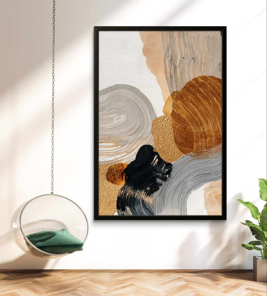 תמונת קנבס אבסטרקטית בגווני זהב, אפור, שחור ובז' עם הדפסה חלקה – תכשיט לבית