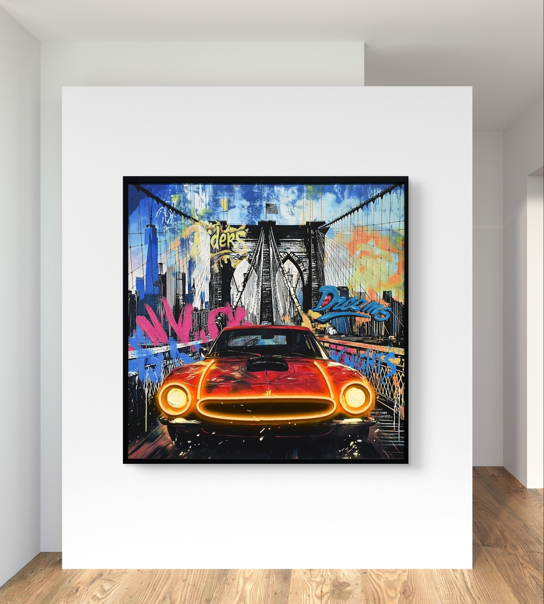 תמונת LED רכב קלאסי בניו יורק – מופעלת על סוללות עם שלט רחוק - מידה 83*83 ס