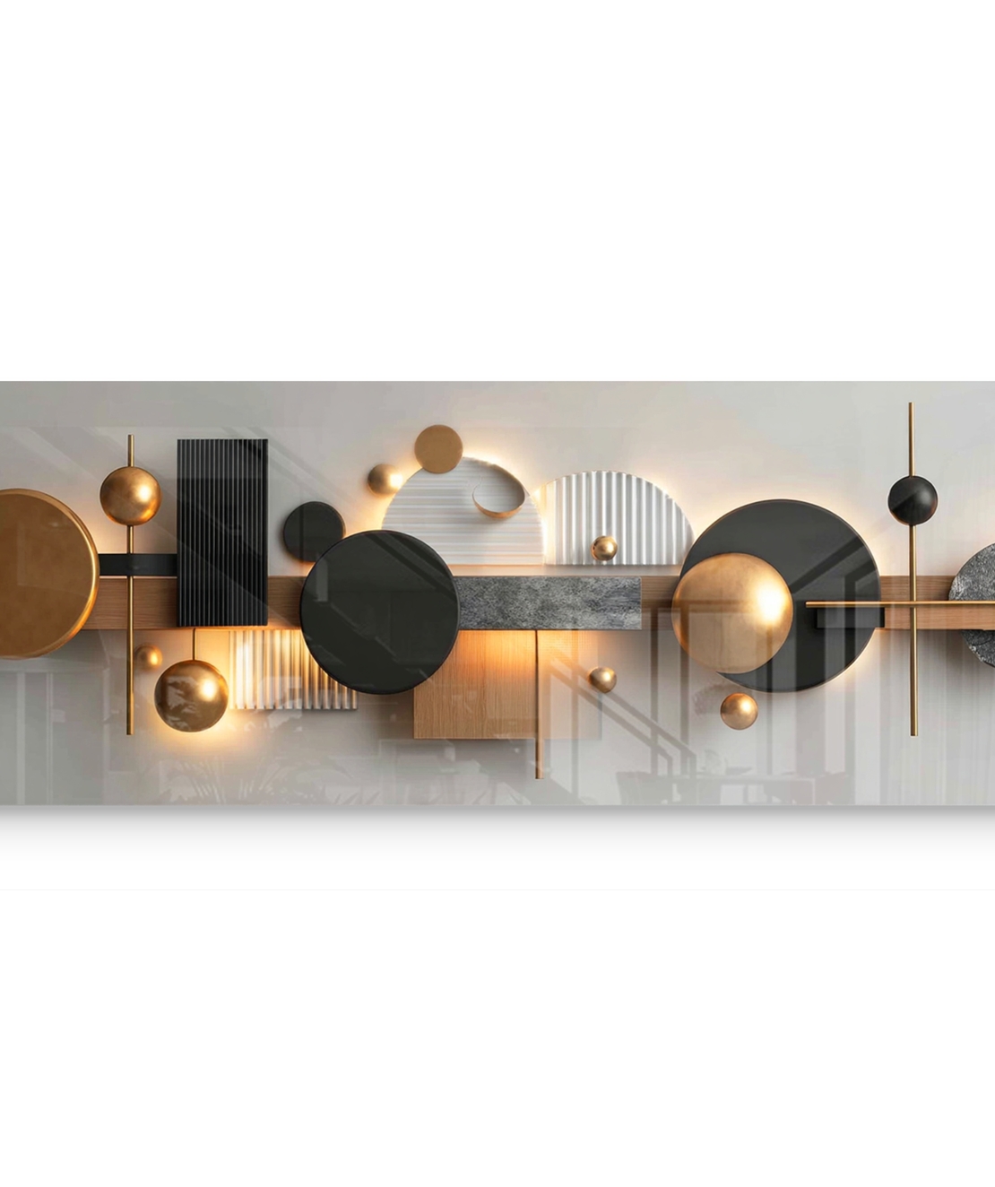 תמונת זכוכית פנורמית גאומטרית בגווני שחור, זהב ועץ בעיצוב מודרני, מינימליסטי ויוקרתי לקיר הבית