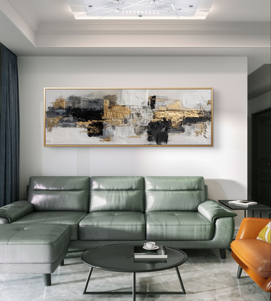 תמונת קנבס פנורמית אבסטרקטית בגווני שחור, לבן ואפור עם נגיעות זהב בעיצוב מודרני ויוקרתי