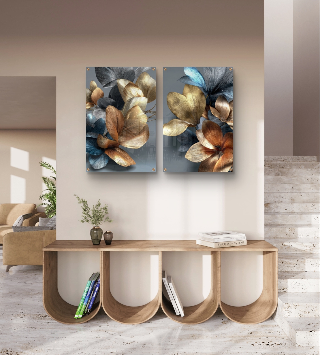 תמונת זכוכית זוגית עם פרחים אבסטרקטיים בגווני זהב, ברונזה וכחול עמוק, הדפסה חלקה ללא תבליט בעיצוב יוקרתי