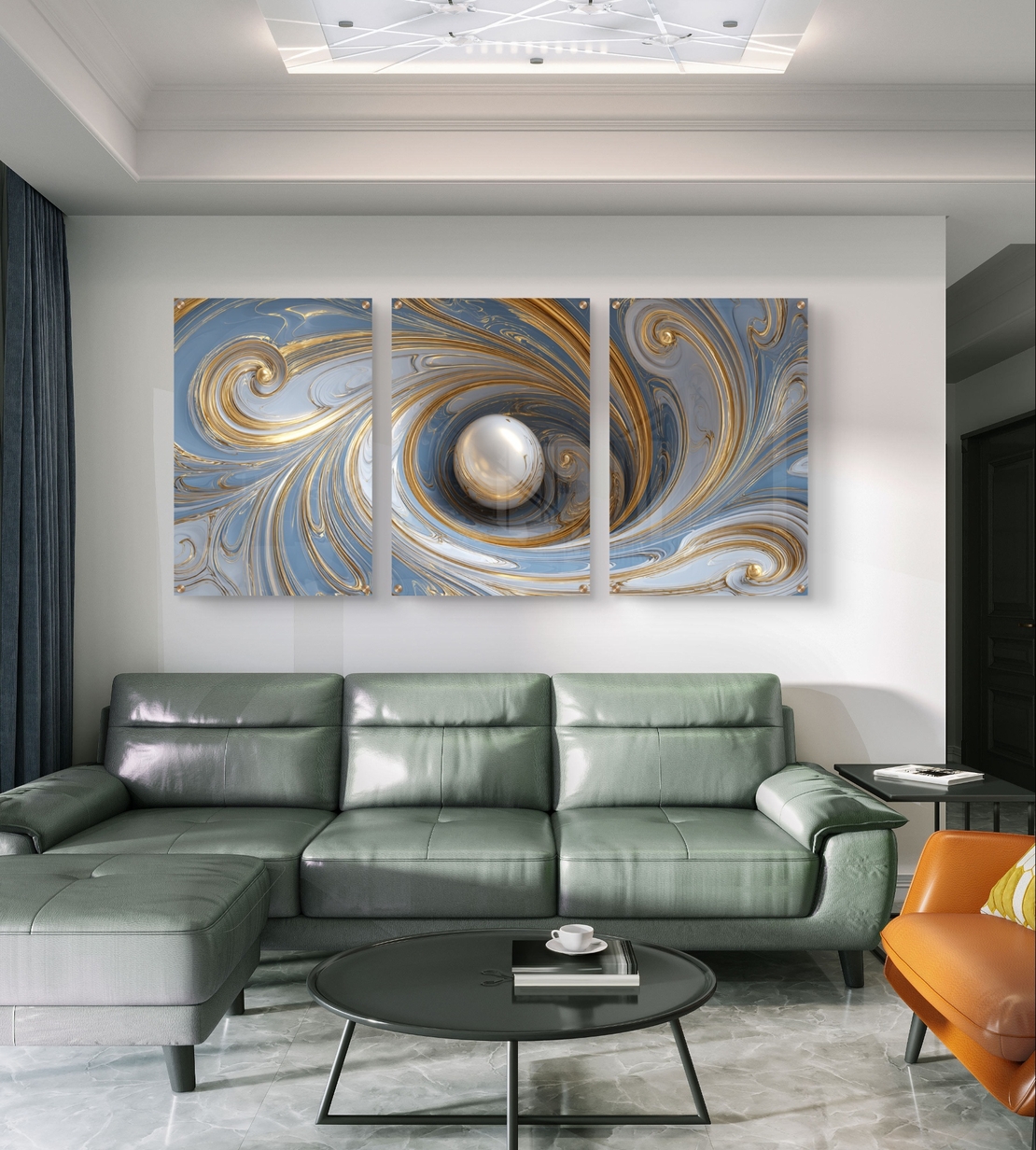 סט שלישייה של תמונות זכוכית אבסטרקטיות בגווני תכלת, לבן וזהב עם כדור מרכזי ועיצוב מודרני