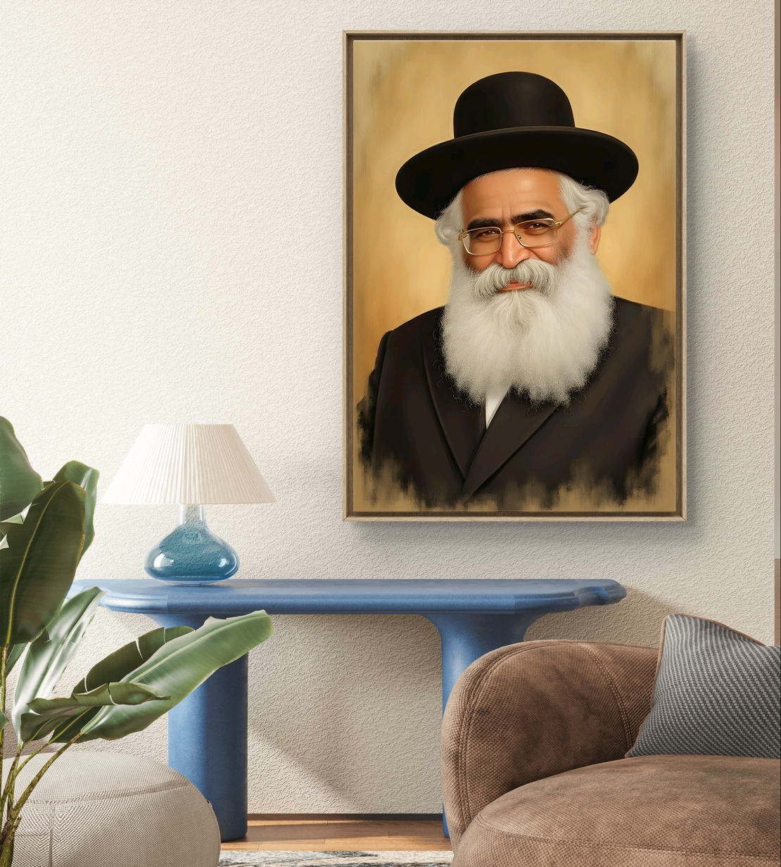 תמונת קנבס של רב מכובד עם זקן לבן וכובע שחור, על רקע בגוונים חמימים, משדרת רוחניות וחוכמה.