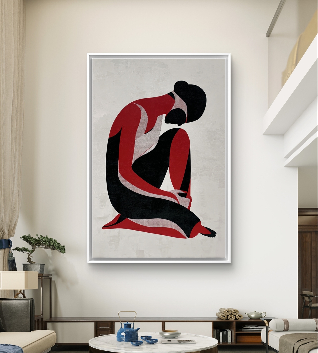 תמונת קנבס עם דמות נשית מינימליסטית בגווני שחור ואדום בעיצוב מודרני