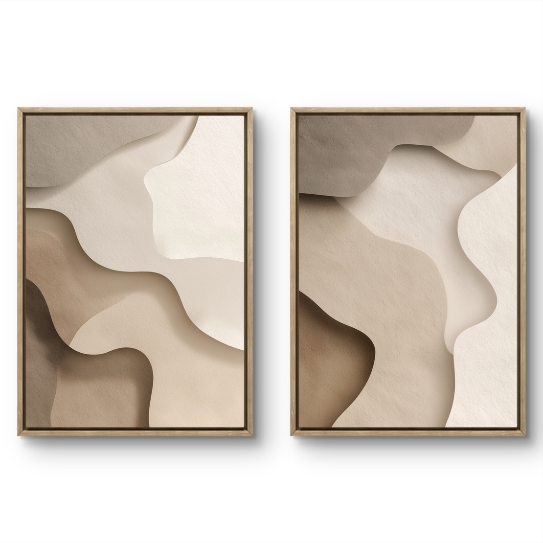 זוג תמונות קנבס בגווני בז ושמנת עם צורות אורגניות רכות