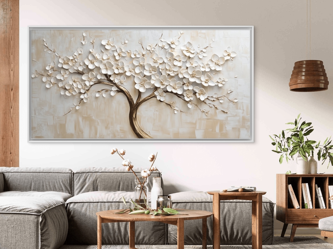 תמונת קנבס של עץ פורח בגווני בז’ ולבן עם הדפסה חלקה ואיכותית – מתוך קולקציית NEXTGEN BY BAR של תכשיט לבית.
