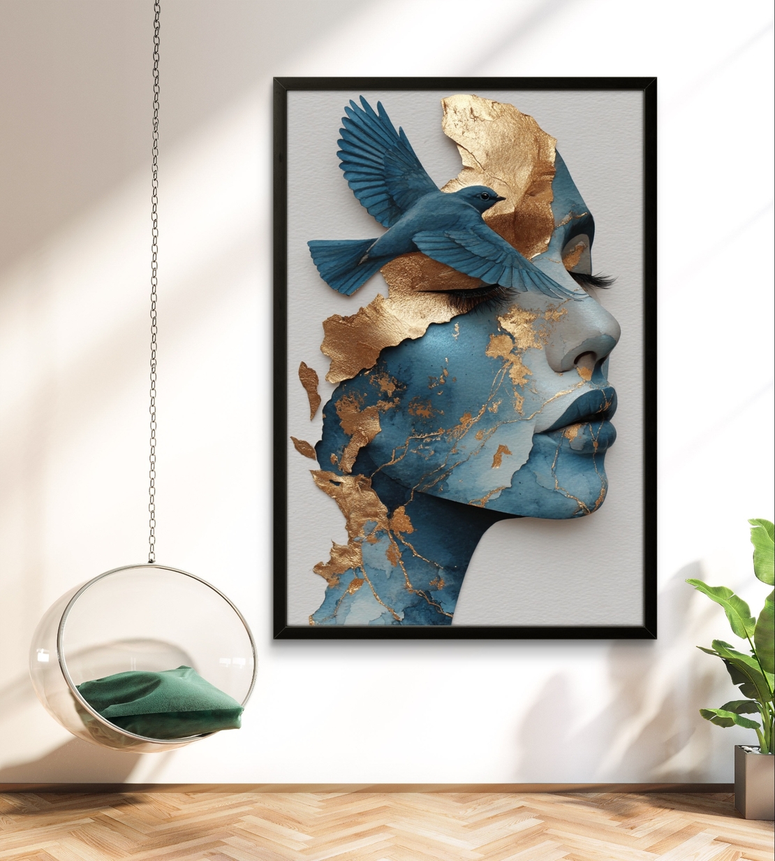 תמונת קנבס של דיוקן נשי בגווני כחול וזהב עם ציפור כחולה בהדפסה חלקה – תכשיט לבית